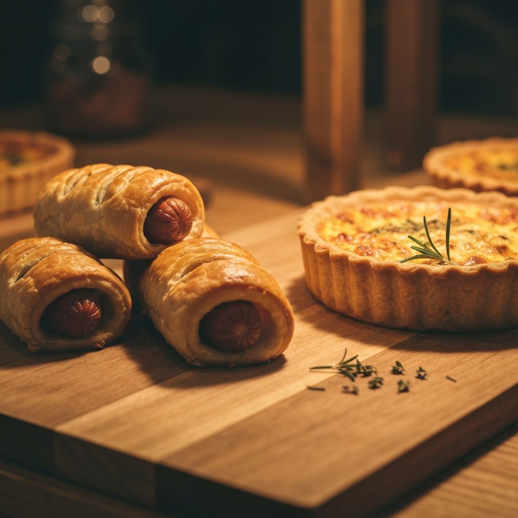 Freshly baked sausage rolls and quiche at Side Part Cafe